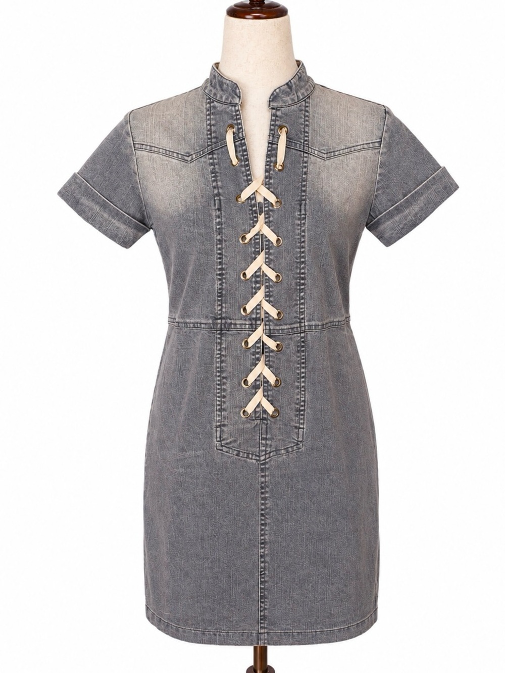 RS Jeans denim lace up mini dress. Stone washed and distressed. S